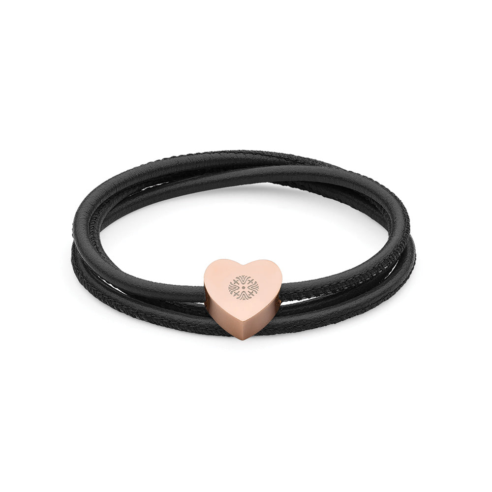 QUDO BRACELET - RIOLA NERO - ROSE GOLD PLATED S/STEEL AND LEATHER