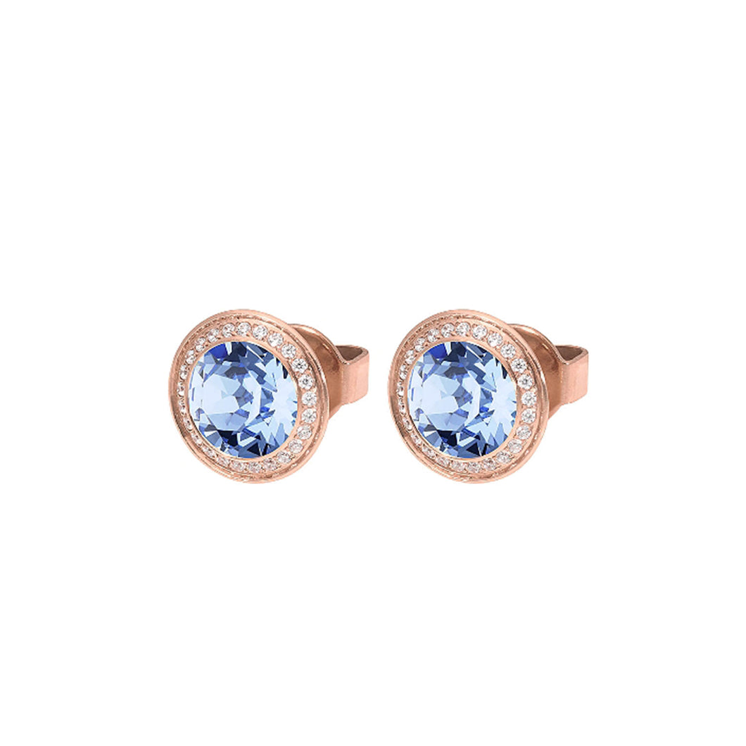 QUDO EARRING STUDS - SAPPHIRE BLUE TONDO DELUXE 9MM - ROSE GOLD PLATED S/STEEL