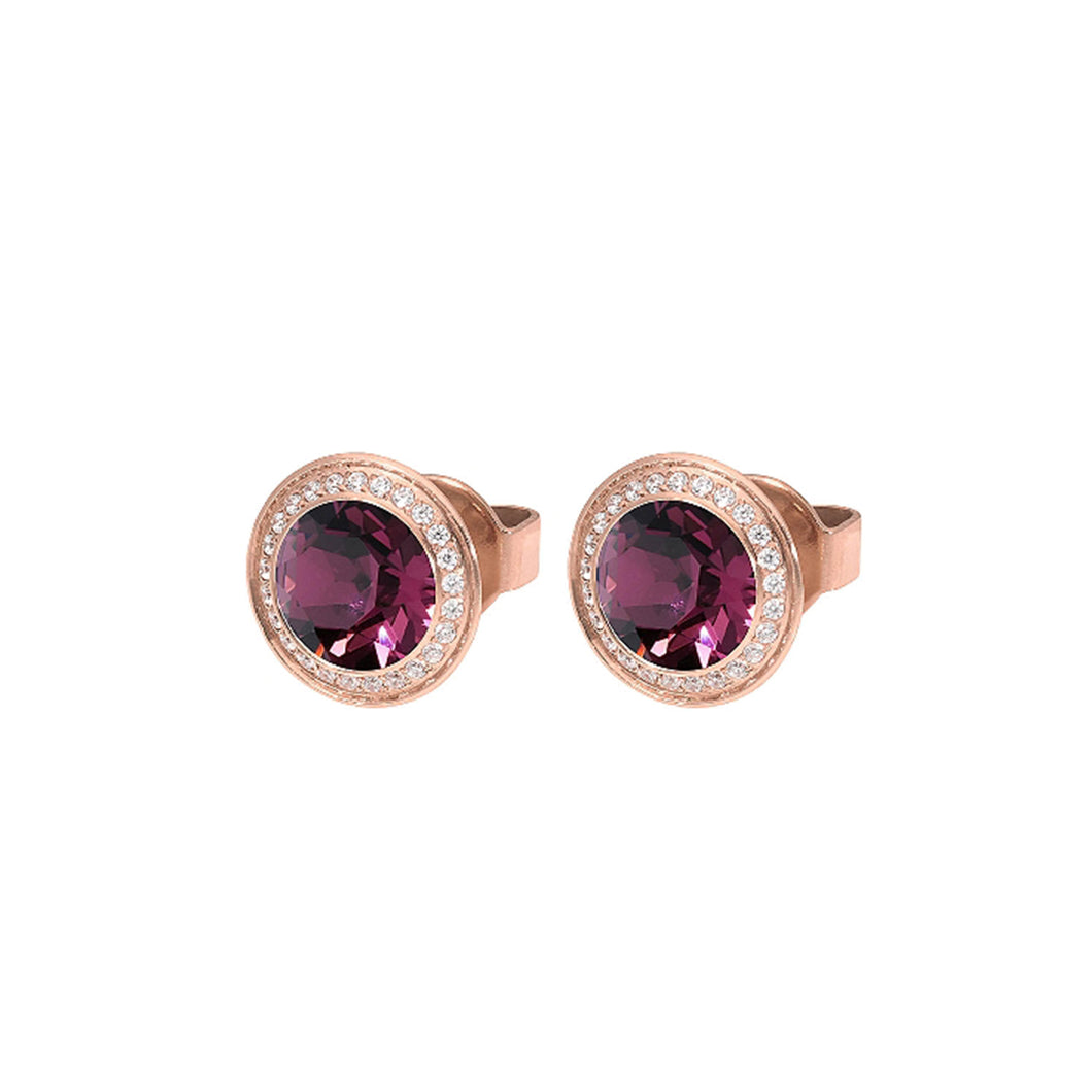 QUDO EARRING STUDS - AMETHYST TONDO DELUXE 9MM - ROSE GOLD PLATED S/STEEL