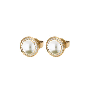 QUDO EARRING STUDS - CREAM CRYSTAL PEARL TONDO DELUXE 9MM - GOLD PLATED S/STEEL