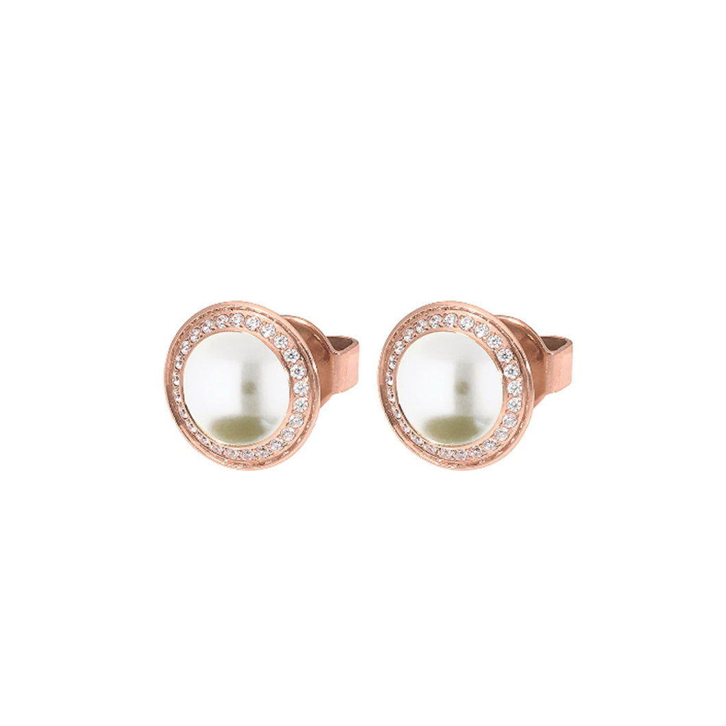 QUDO EARRING STUDS - CREAM CRYSTAL PEARL TONDO DELUXE 9MM - ROSE GOLD PLATED S/STEEL